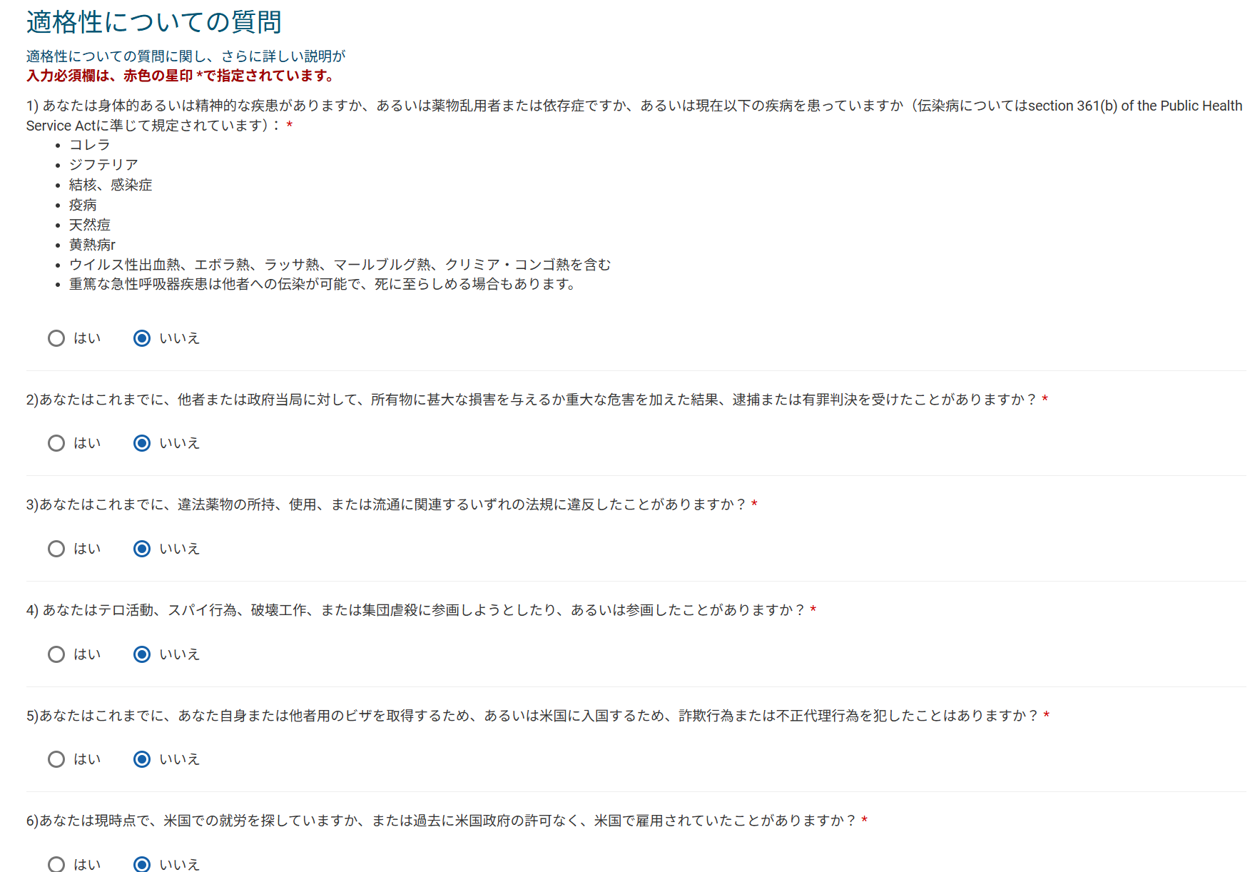 資格に関する質問（適格性についての質問）の入力画面